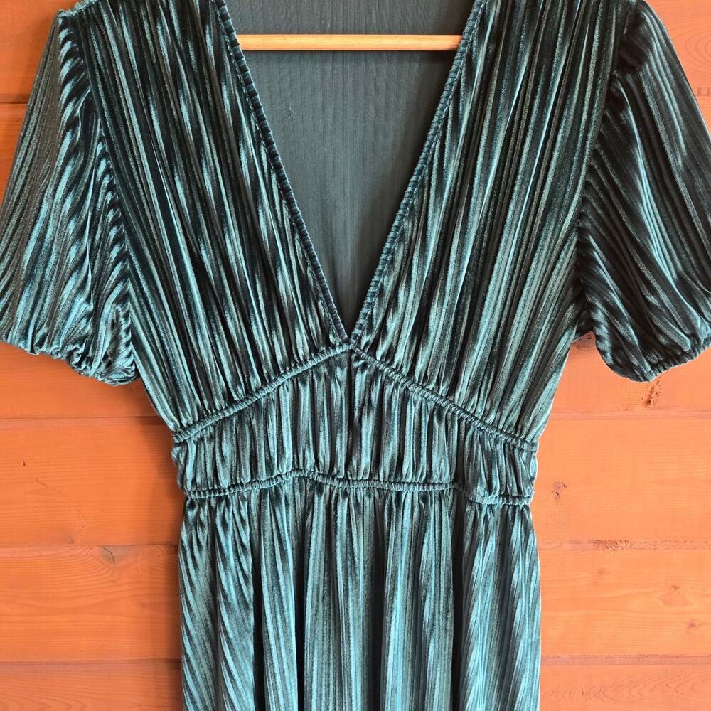 Emerald Velvet Dress Midi Bustier Milkmaid Short Sleeve Vneck M Bridesmaid Boho - Picture 6 of 6